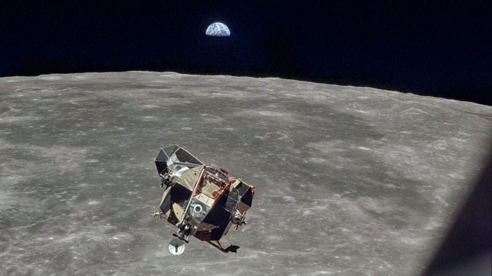 Apollo 11’s lunar module approaches to rendezvous with the Apollo command module after a 22-hour stay on the moon